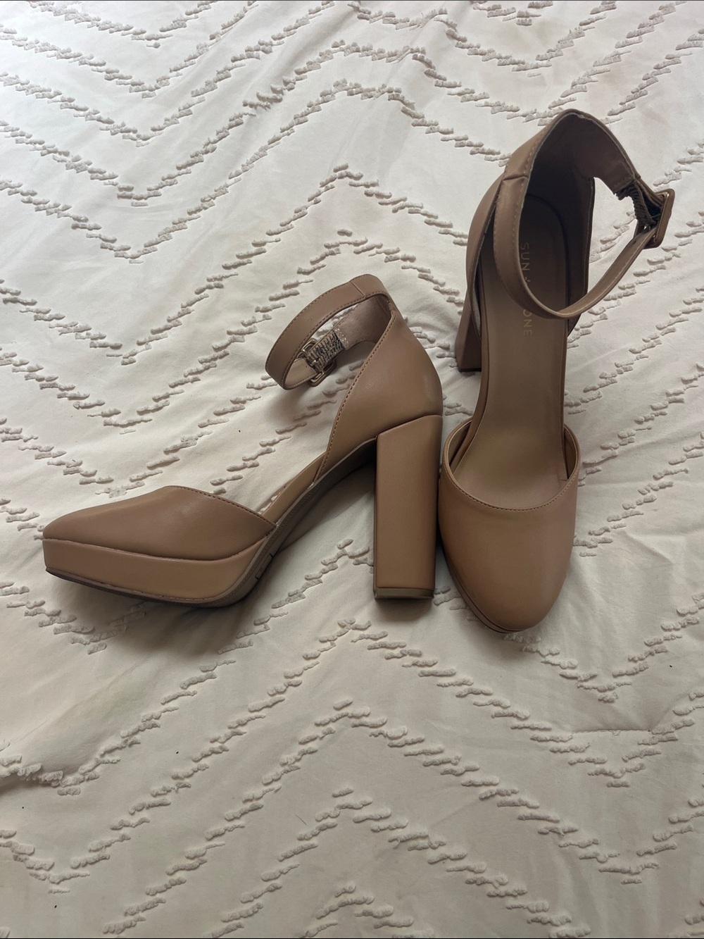Ankle-Strap Block Heel Pumps in Taupe